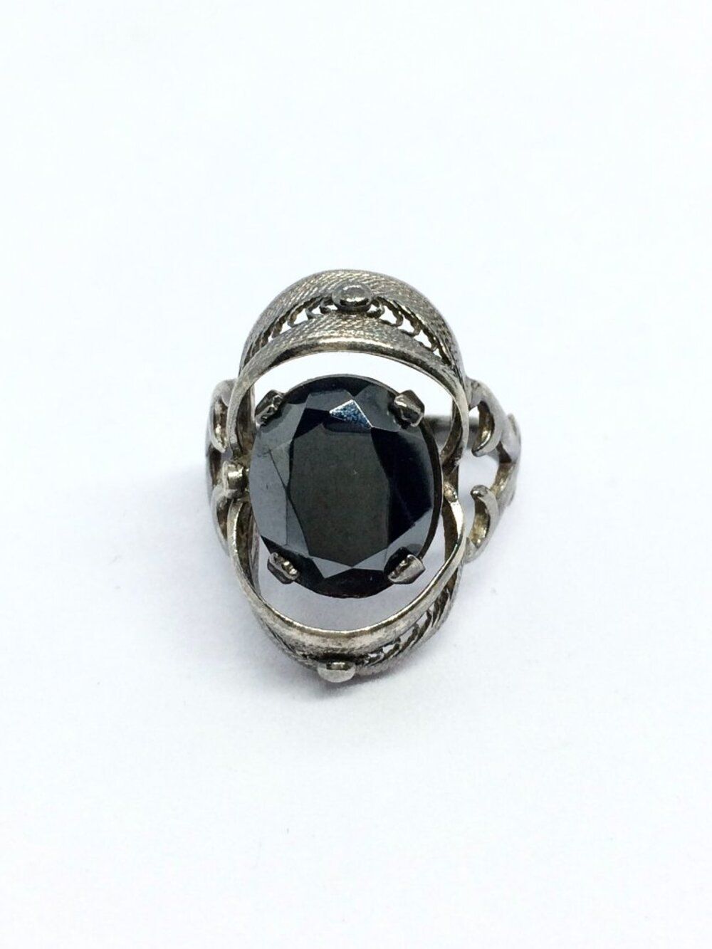 Vintage Sterling Ring Ornate Filigree Hematite Glass Statement Gothic Size 5.25